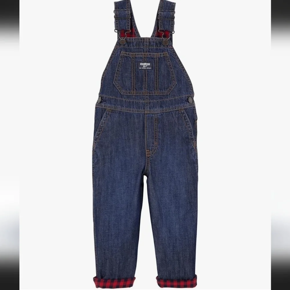 Kids Denim Overalls with Red Plaid Lining